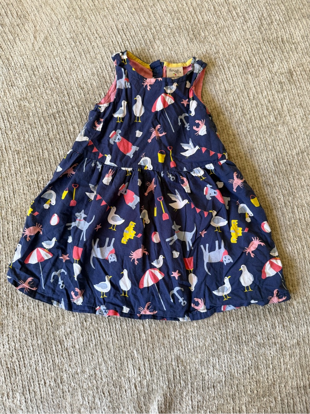 Frugi Organic Cotton Seaside Print Dress 12-18 Months Navy Beach Animals